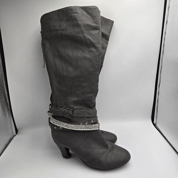 Vanity Gray Studded Rhinestone Knee High Boots Heeled Size 8.5 Alla VT - Picture 4 of 15